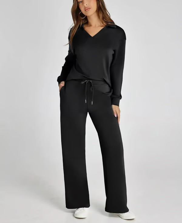 Casual Soft Knit Collared Lounge Set for Women | Regine Black (only 7 left in stock)