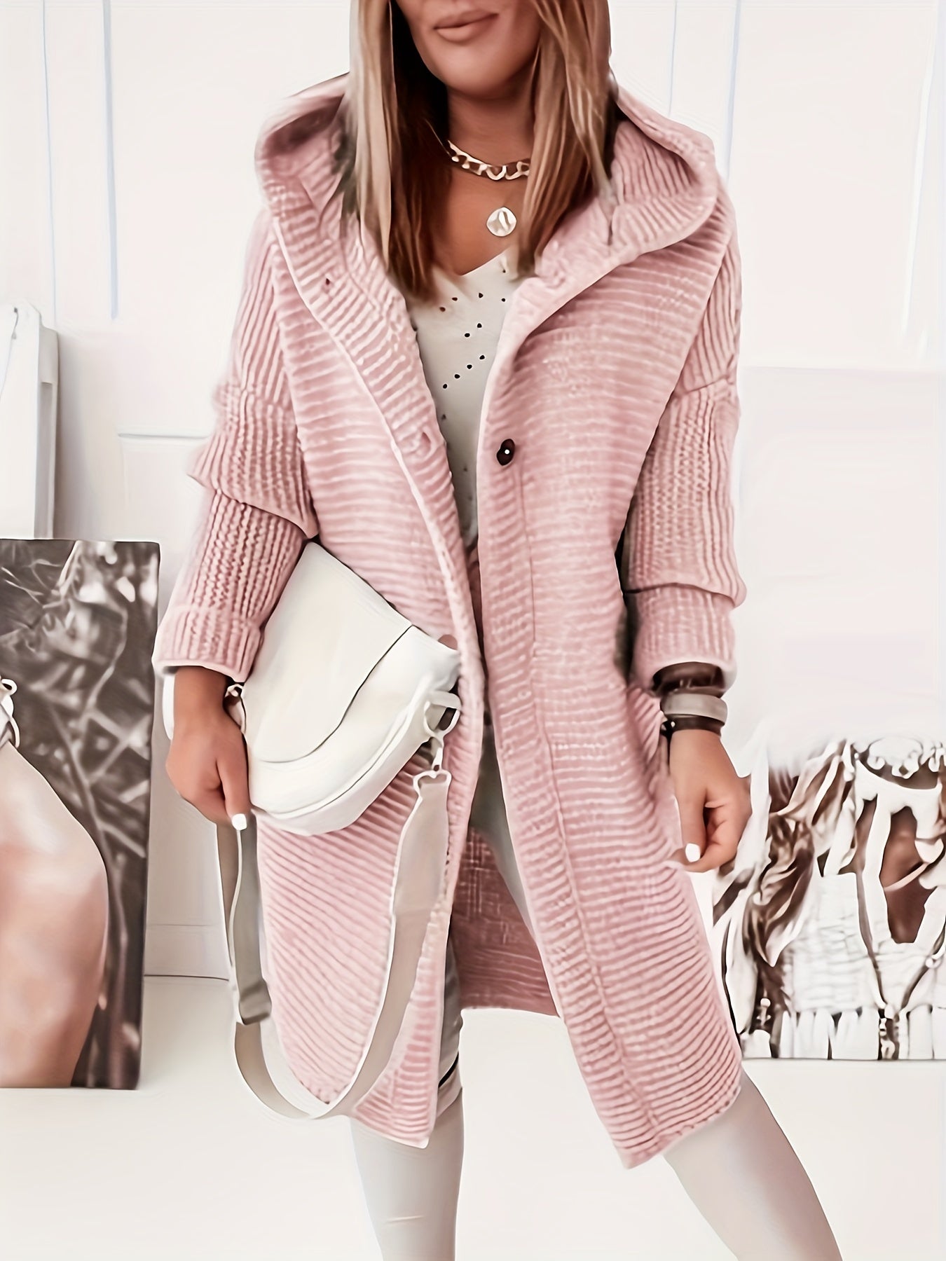 Celeste – Elegant Hooded Knitwear Cardigan Pink