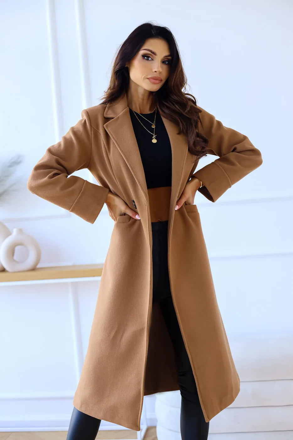 Chic Double-Breasted Long Wool Coat for Women | Venice Camel