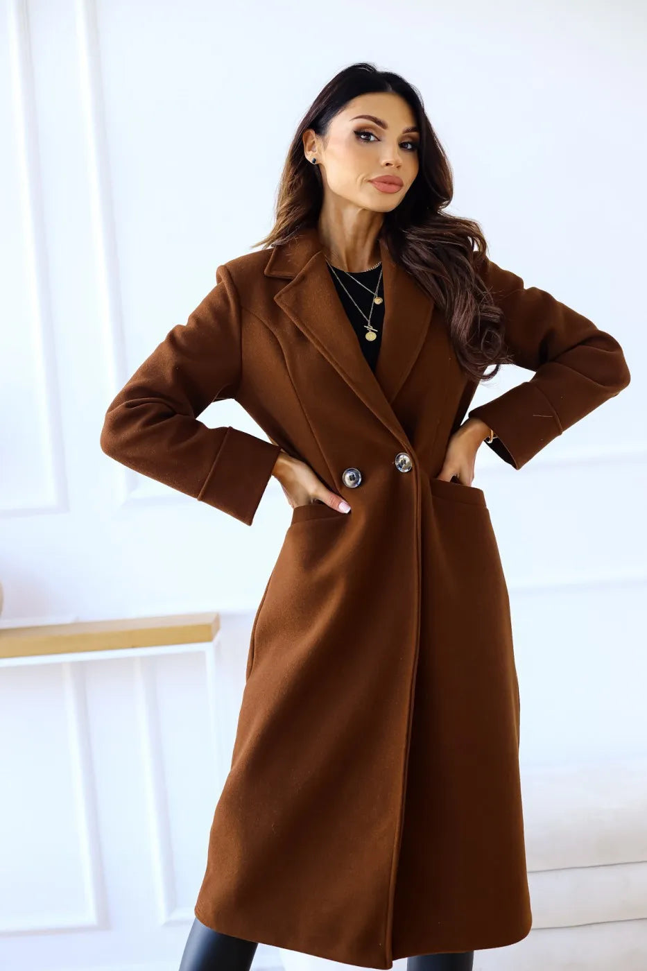 Chic Double-Breasted Long Wool Coat for Women | Venice Brown