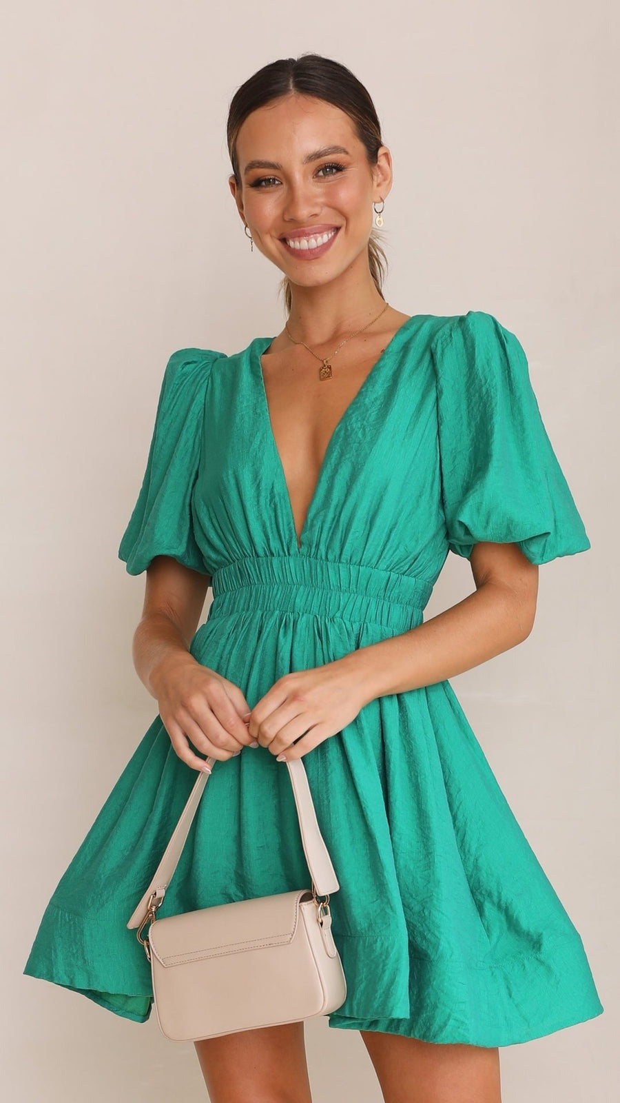Chic Puff Sleeve Deep V Mini Dress for Women | Elora Green