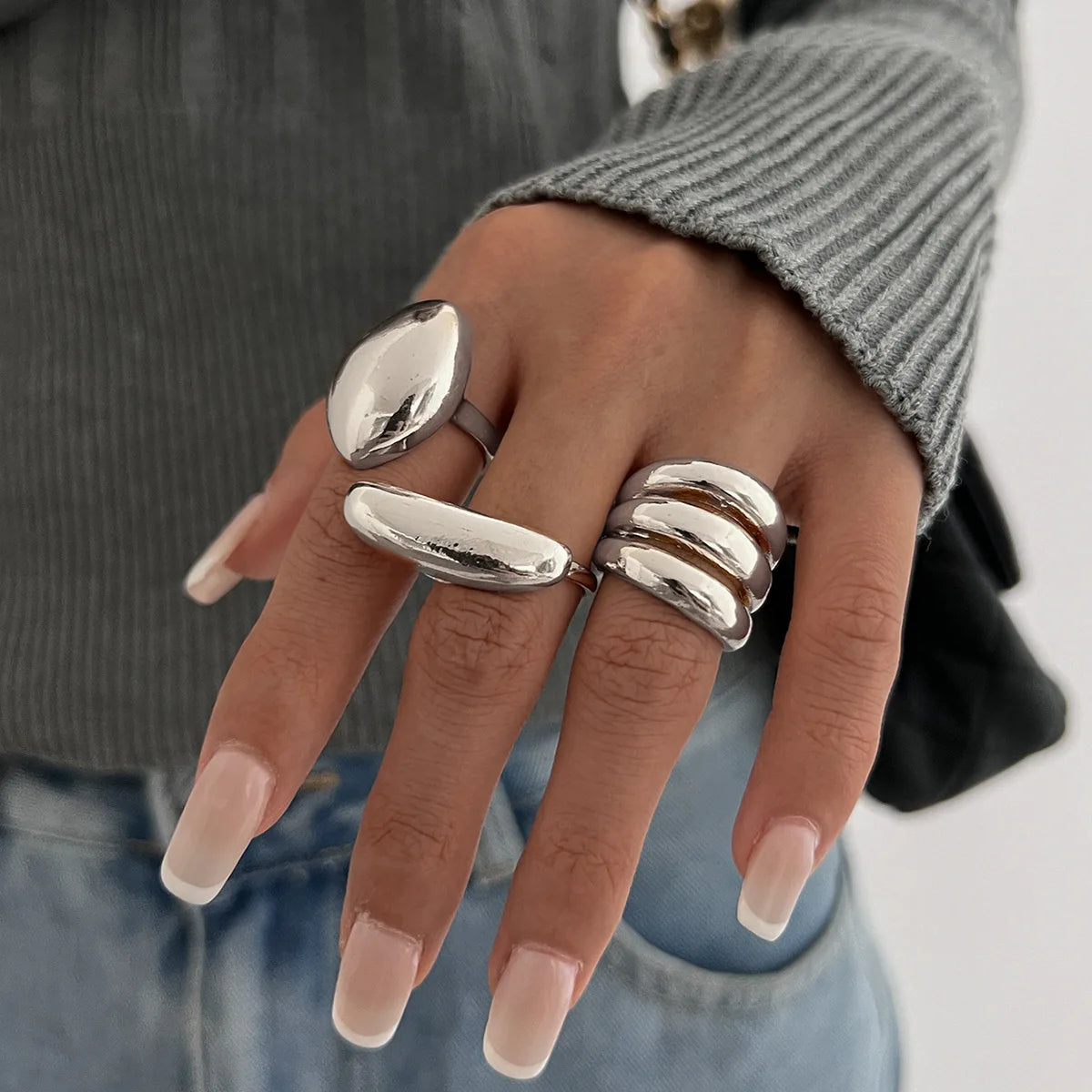 Chunky Adjustable Statement Ring Set for Women | Savana Silver
