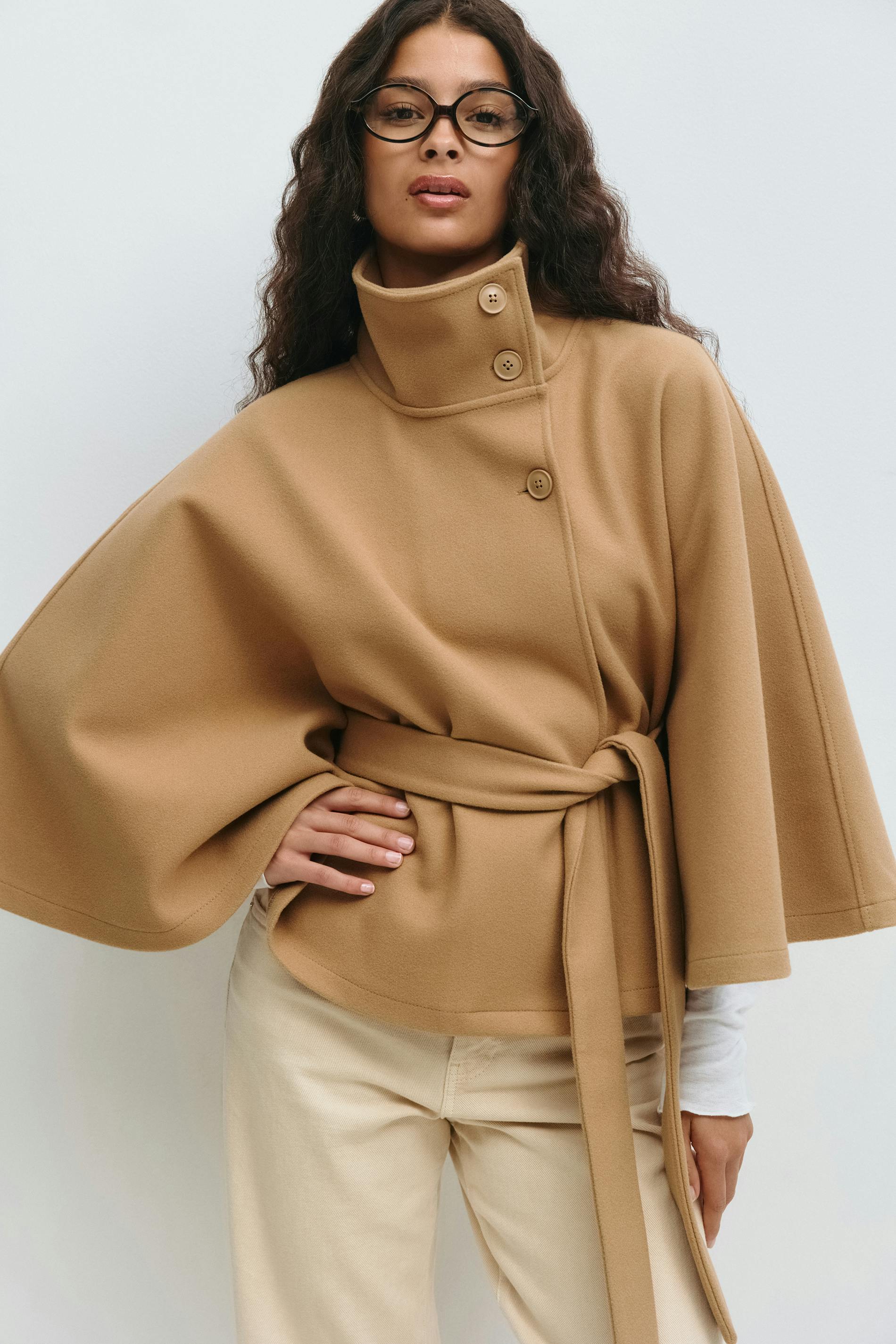 Elegant Wool Blend Cape Coat with Belt | Emilia Brown