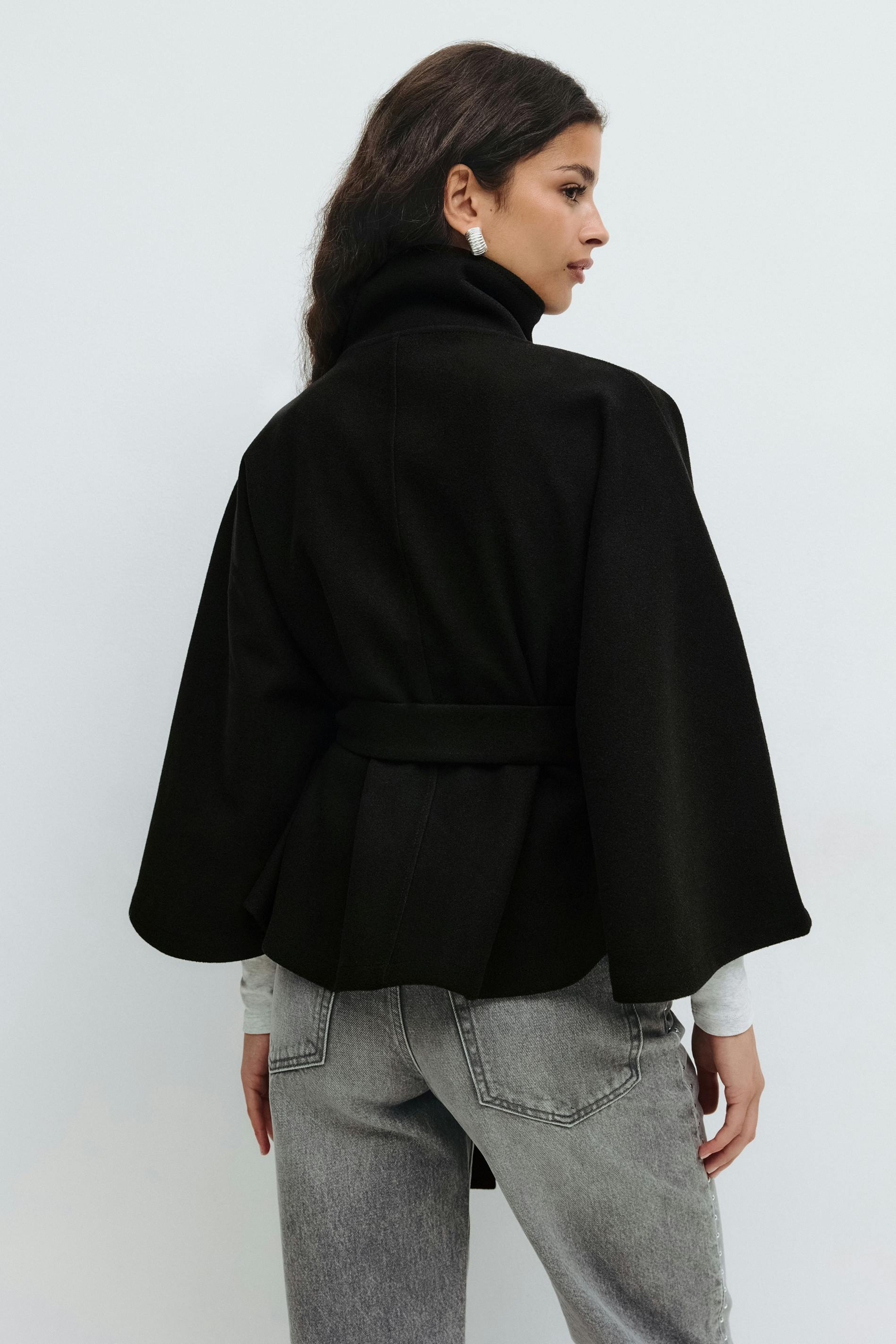 Elegant Wool Blend Cape Coat with Belt | Emilia Black