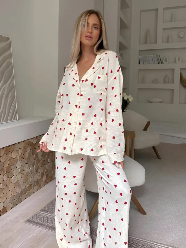 Comfortable Red Heart Button-Up Pajama Set for Women | Leila