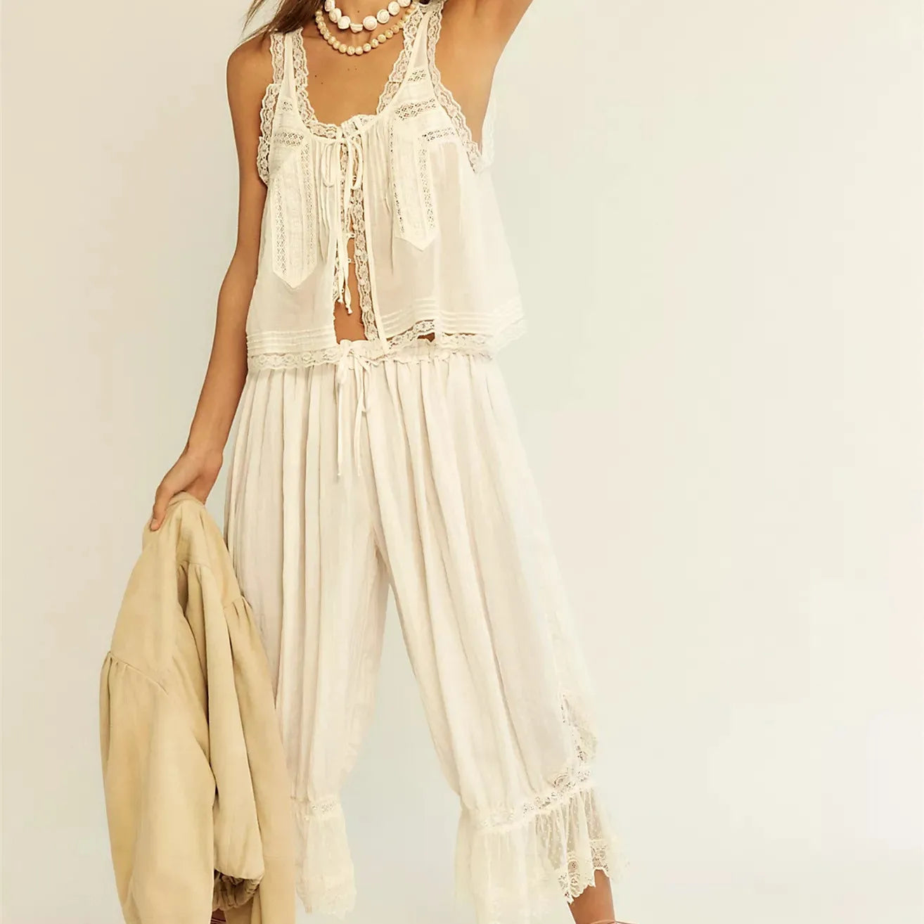Cotton Two-Piece Set with Tank Top and Wide-Leg Pants for Women | Alouette White