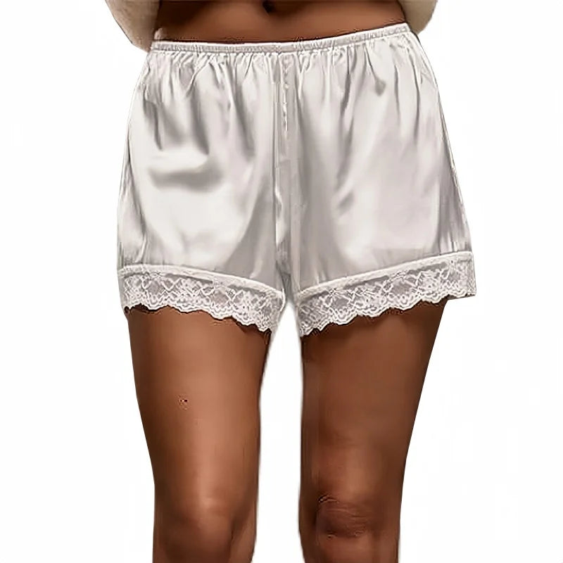 Cozy Satin Lounge Shorts with Elastic Waist for Women | Ash White