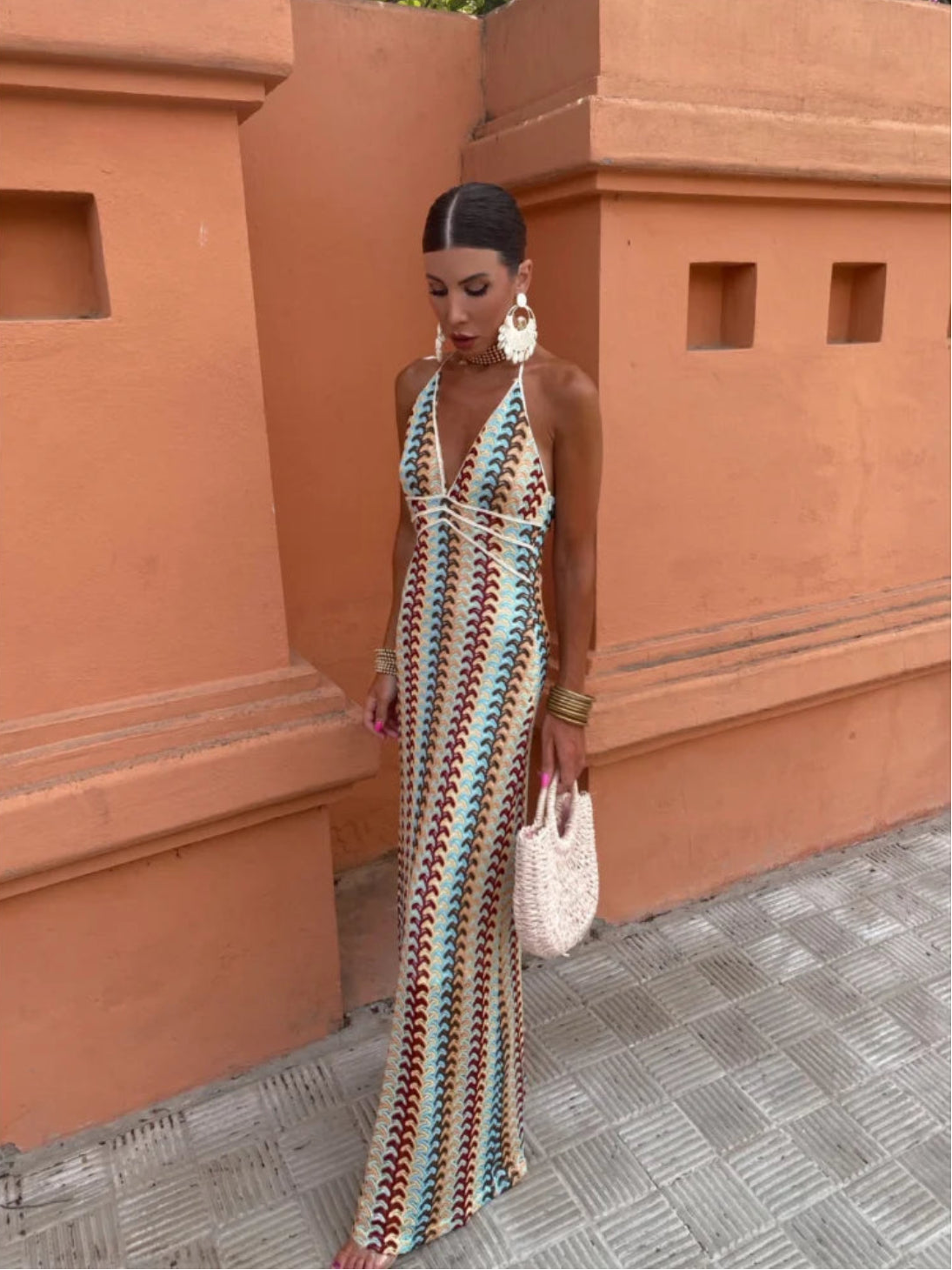 Crochet Halterneck Maxi Dress for Women | Charmee Multicolor