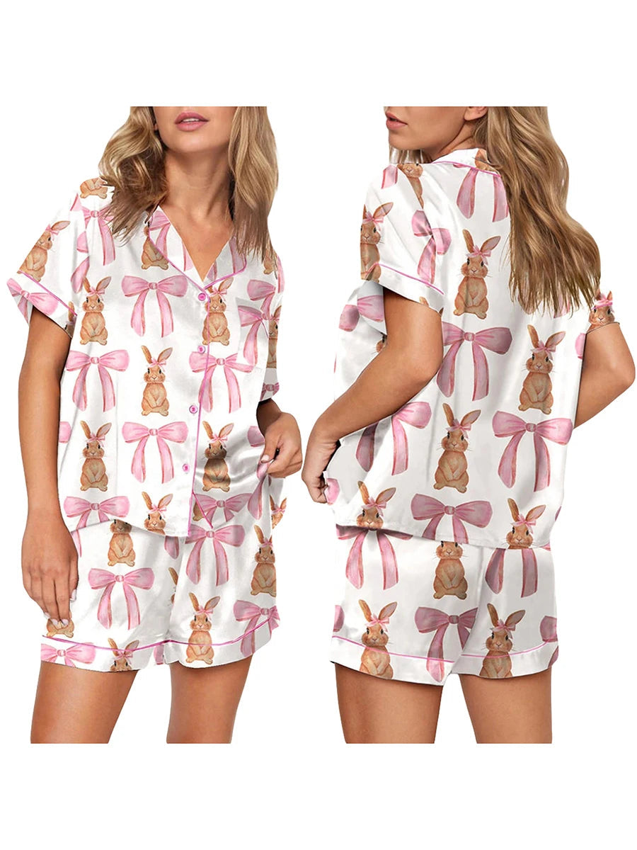 Cute Bunny Print Satin Pajama Set for Women | Margaret A