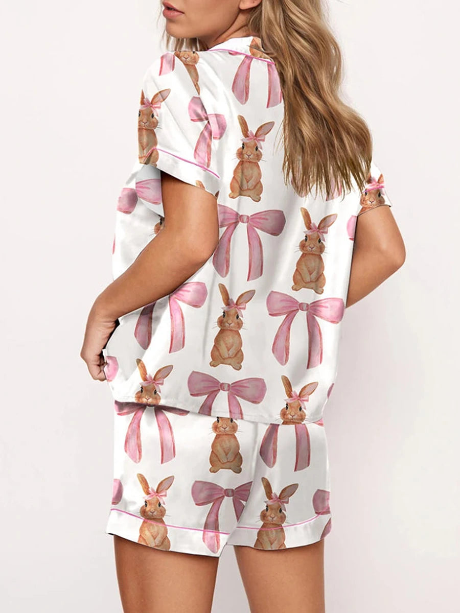 Cute Bunny Print Satin Pajama Set for Women | Margaret