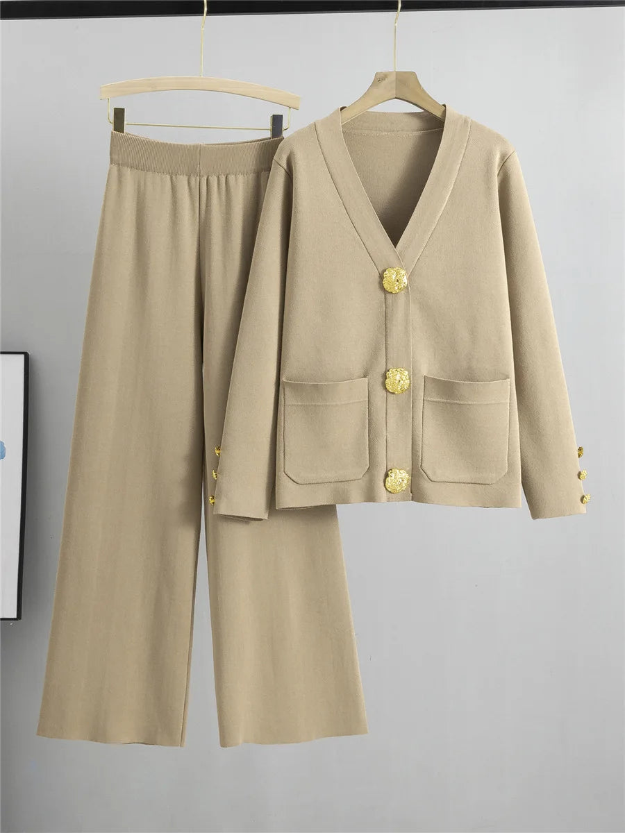 Delphine – Knit Cardigan & Wide-Leg Pants Set Khaki