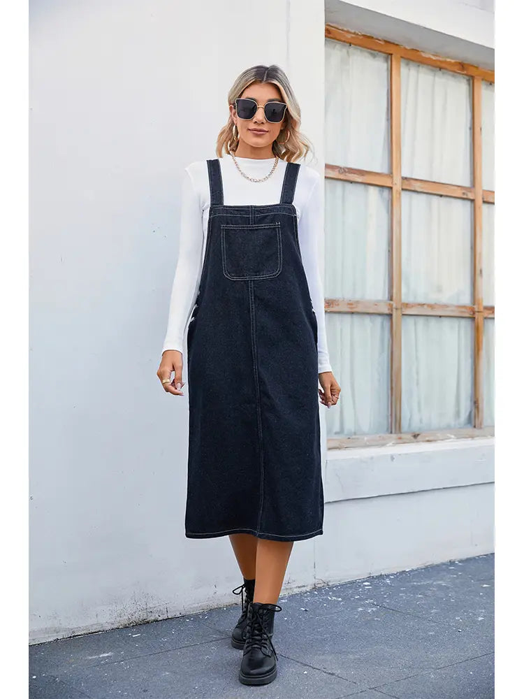 Denim Overall Midi Dress for Women | Lucy Blue