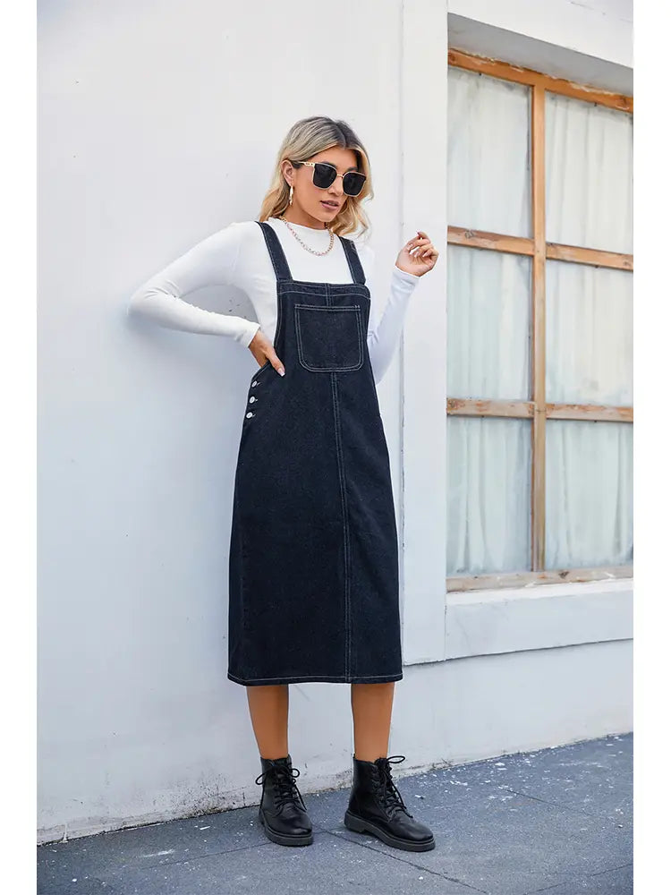 Denim Overall Midi Dress for Women | Lucy