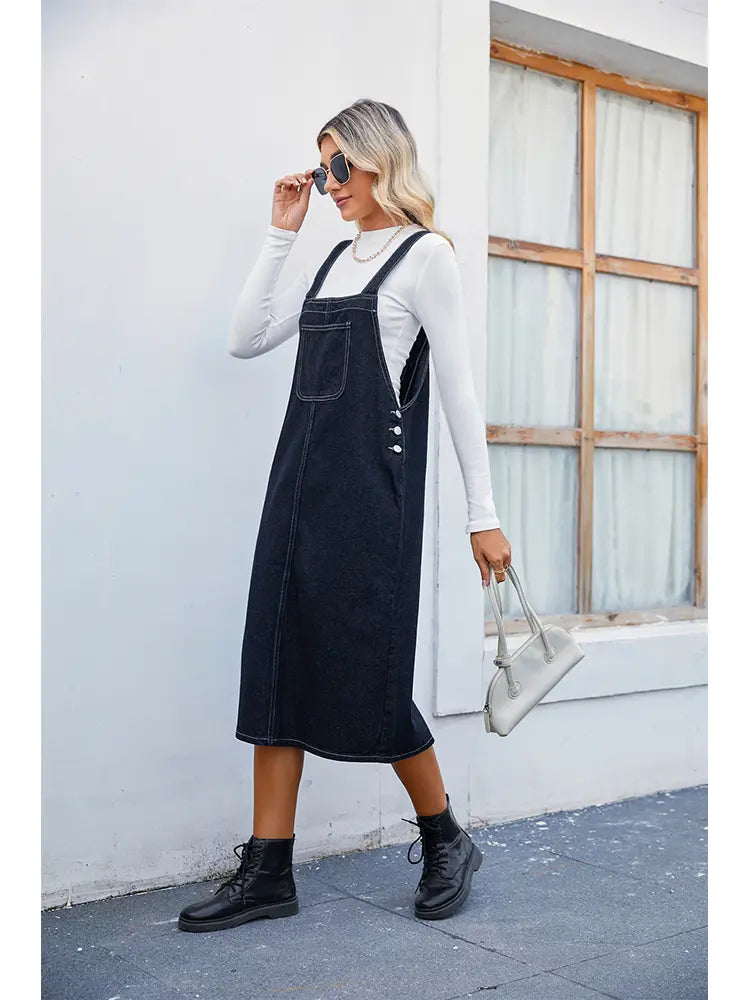 Denim Overall Midi Dress for Women | Lucy