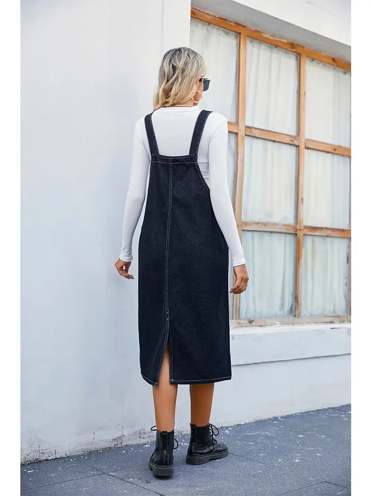 Denim Overall Midi Dress for Women | Lucy