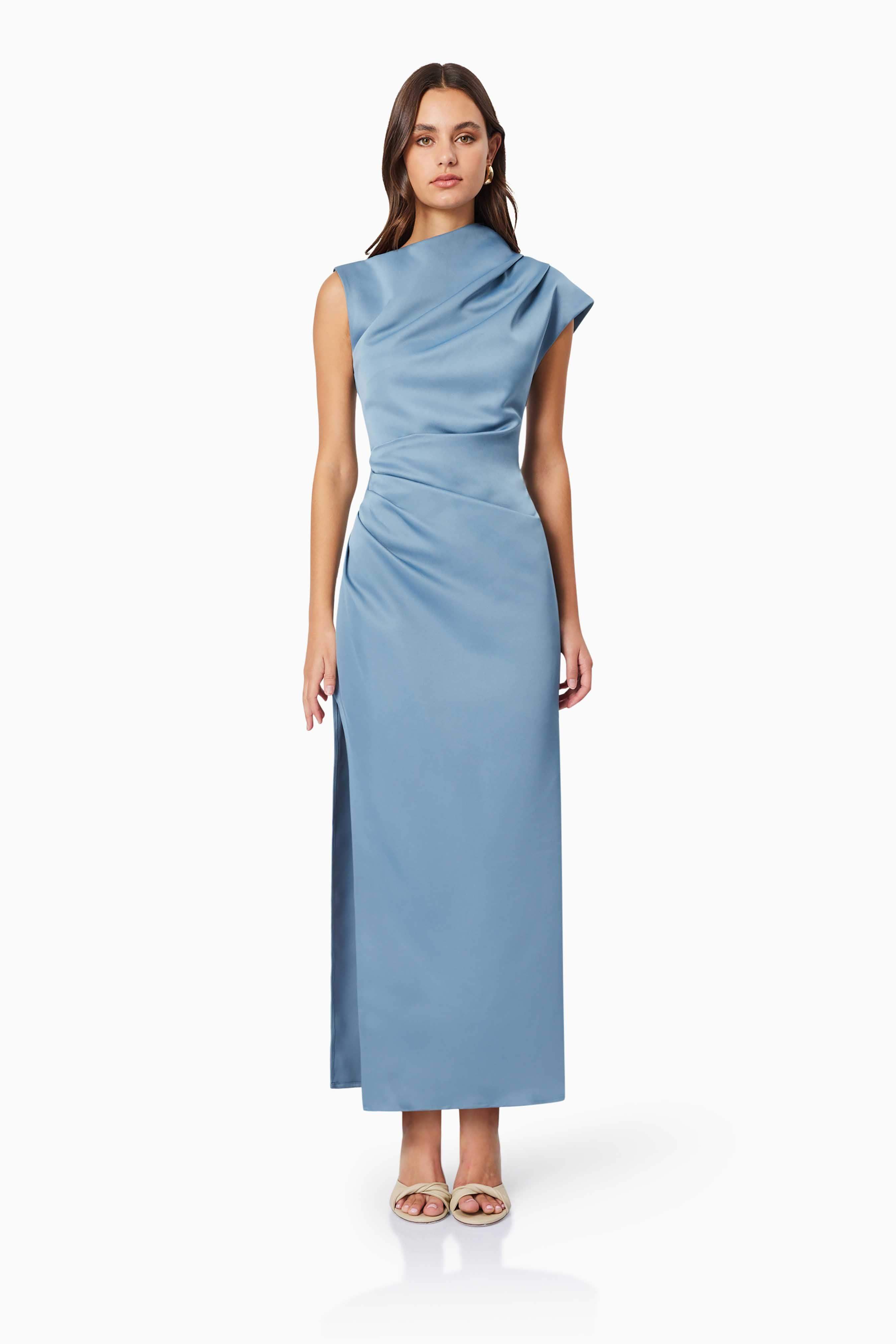 Blue Draped Satin Maxi Dress for Women | Coralia Light Blue