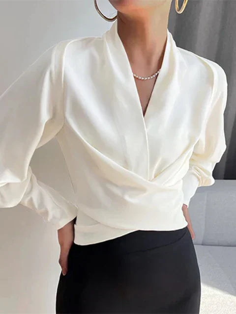 Draped Satin Long Sleeve Blouse for Women | Jessa White