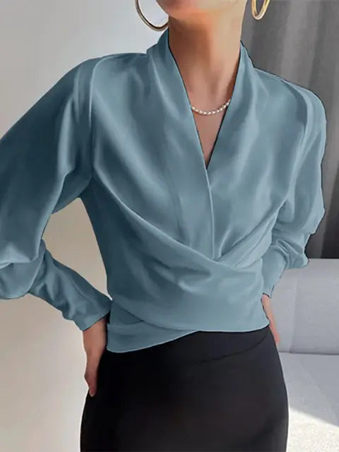 Draped Satin Long Sleeve Blouse for Women | Jessa Blue