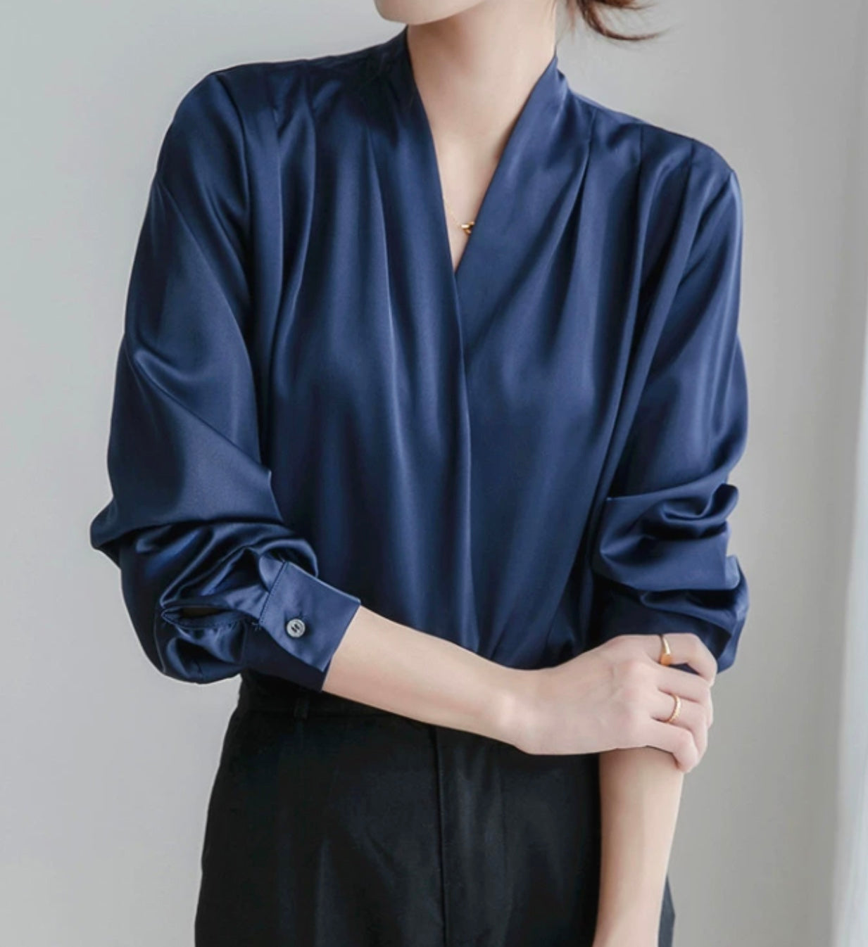 Draped Satin Long Sleeve Blouse for Women | Jessa Dark Blue
