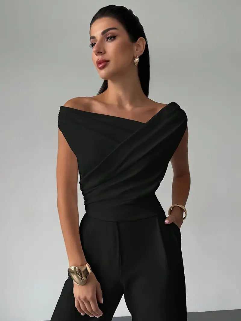 Draped Shoulder Top Stylish Design For Women | Lirena Black