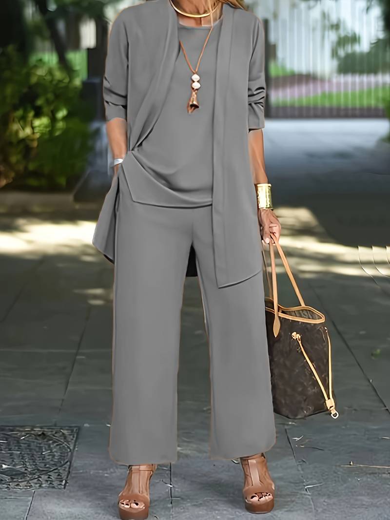 Elegant 3-Piece Wide-Leg Pants Set for Women | Jenny Light Gray