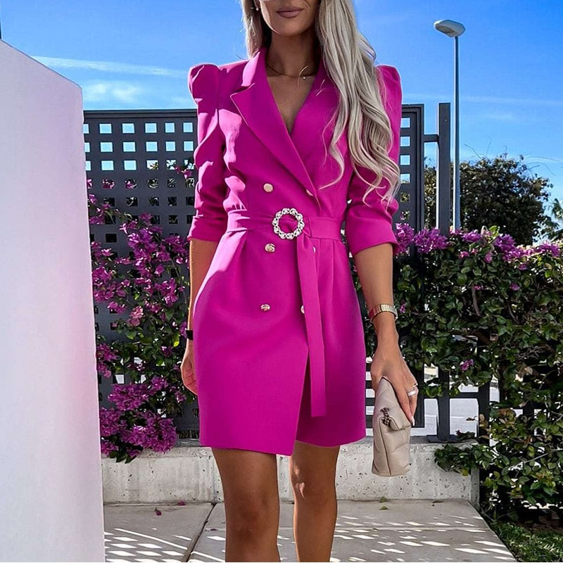Elegant Belted Blazer Dress with Gold Button Detail for Women | Winslet Hot Pink