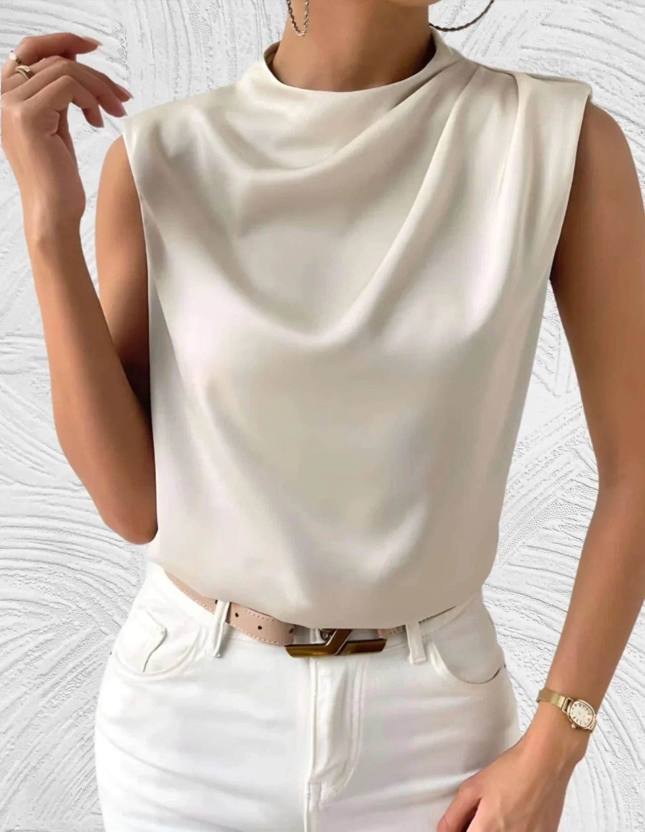 Elegant Draped Satin Sleeveless Top for Women | Catalina Beige