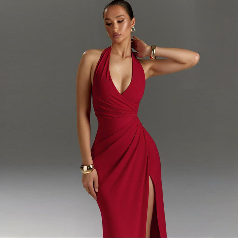 Elegant Halter Slit Evening Dress for Women | Valentina Red