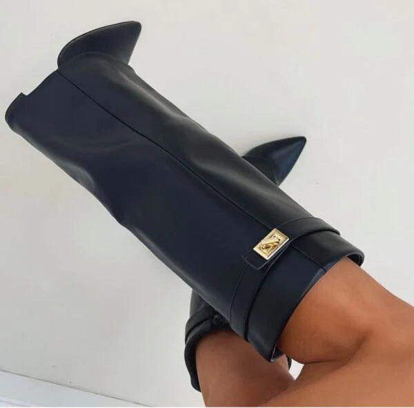 Elegant Knee-High Pointed Toe Block Heel Boots for Women | Camille Black leather