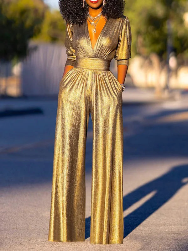 Elegant Metallic Green Jumpsuit for Women | Madeline
