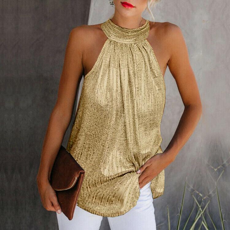Elegant Shimmer Pleated Halter Top for Women | Charlie Gold