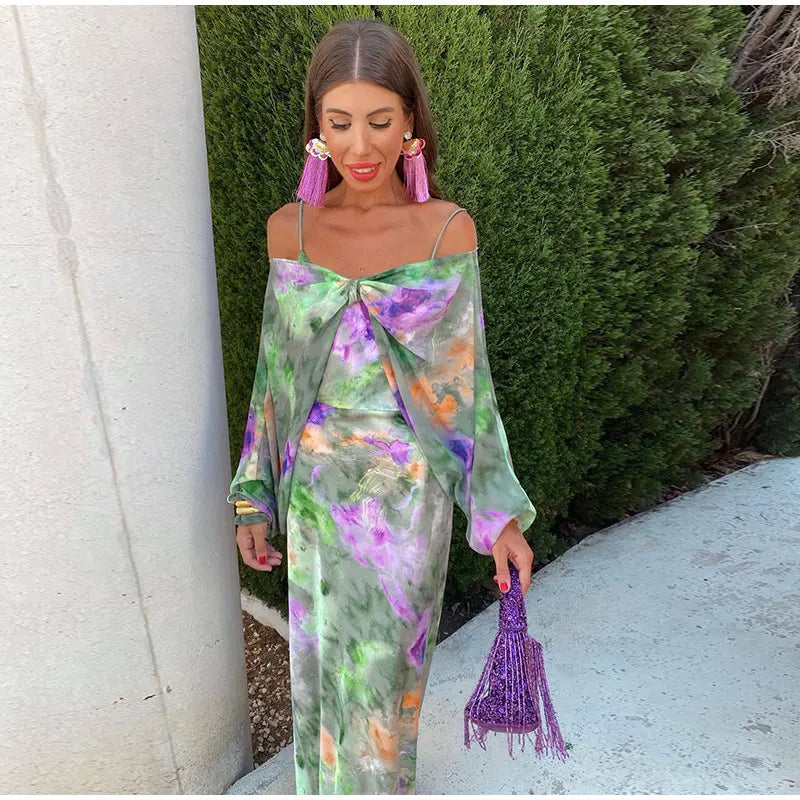 Elegant Watercolor Satin Maxi Dress for Women | Harriet