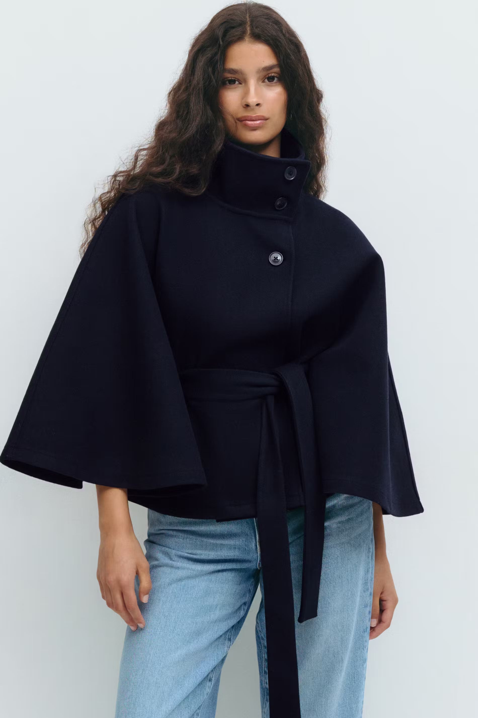 Elegant Wool Blend Cape Coat with Belt | Emilia