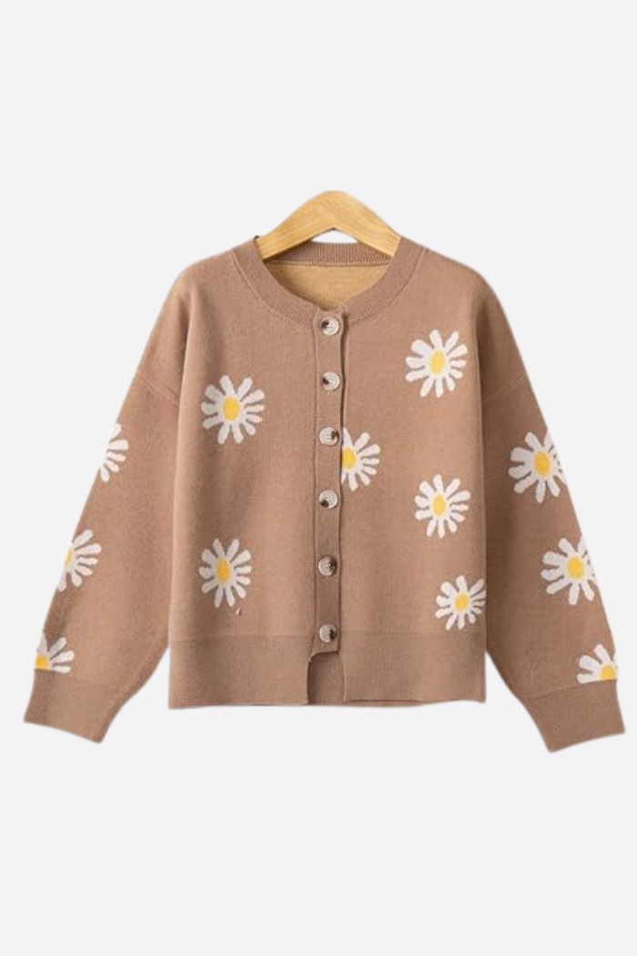 Knit Button-Up Cardigan with Daisy Motif for Women | Elina