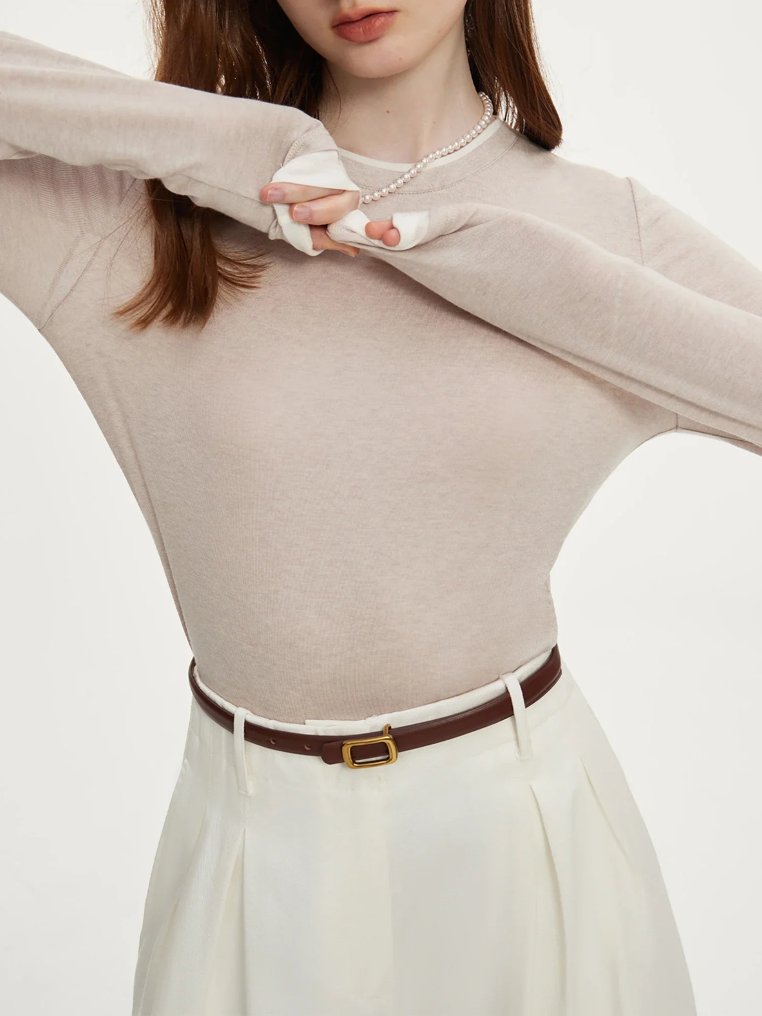 Layered Long Sleeve Top Fitted Style for Women | Elira Light Brown