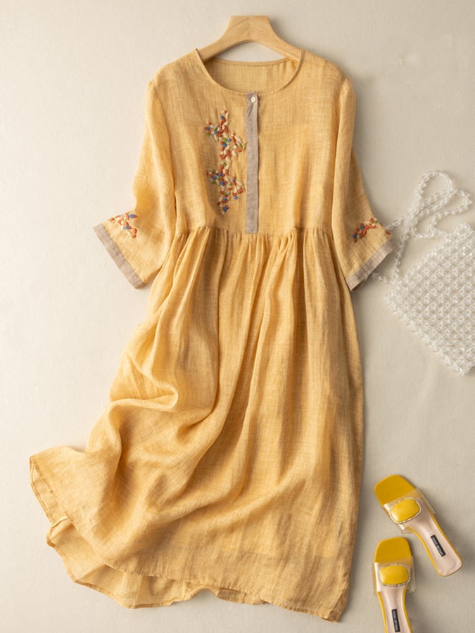 Embroidered Cotton-Linen Midi Dress for Women | Yelara Yellow