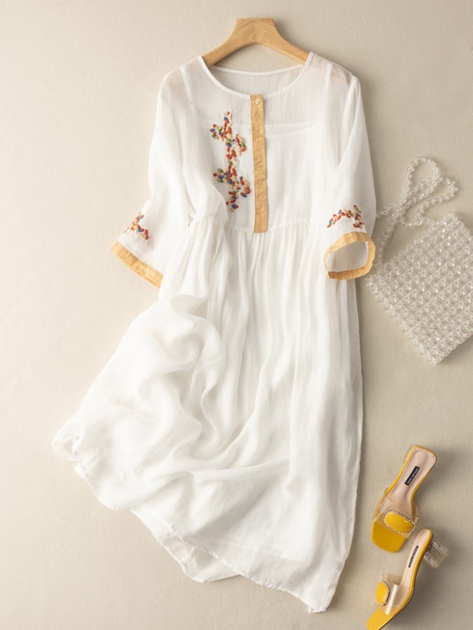 Embroidered Cotton-Linen Midi Dress for Women | Yelara White