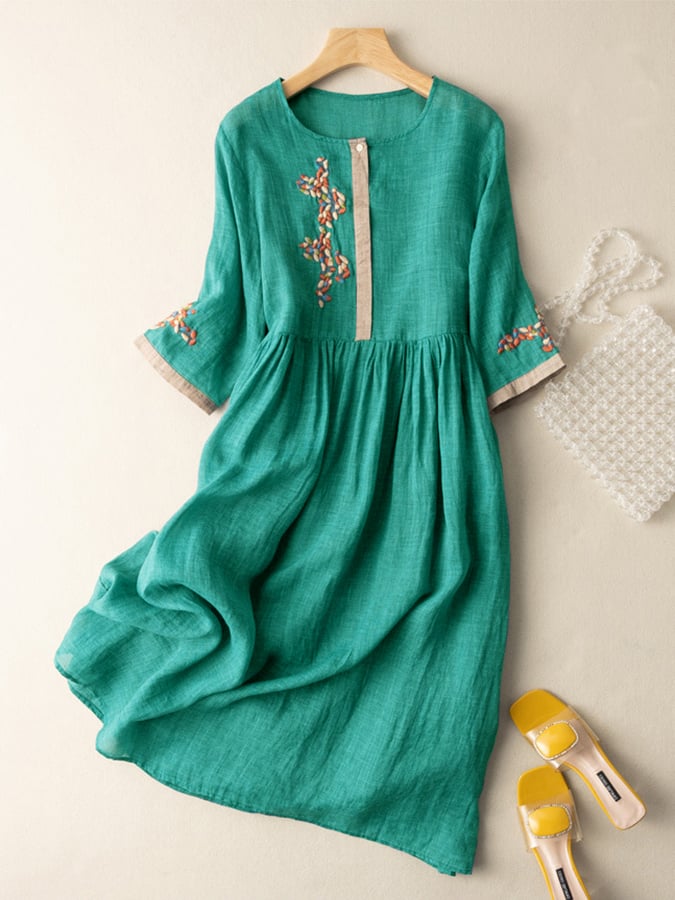 Embroidered Cotton-Linen Midi Dress for Women | Yelara Green