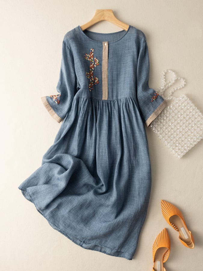 Embroidered Cotton-Linen Midi Dress for Women | Yelara Blue