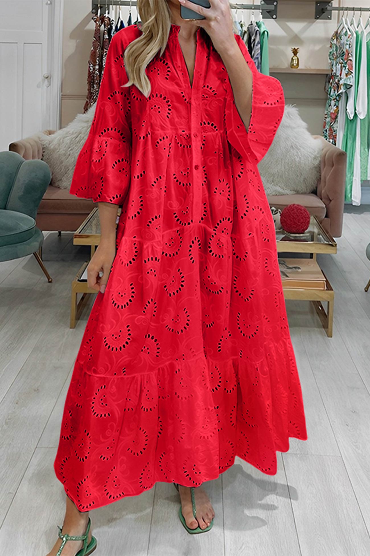 Embroidered Cotton Maxi Dress For Women | Liora Red