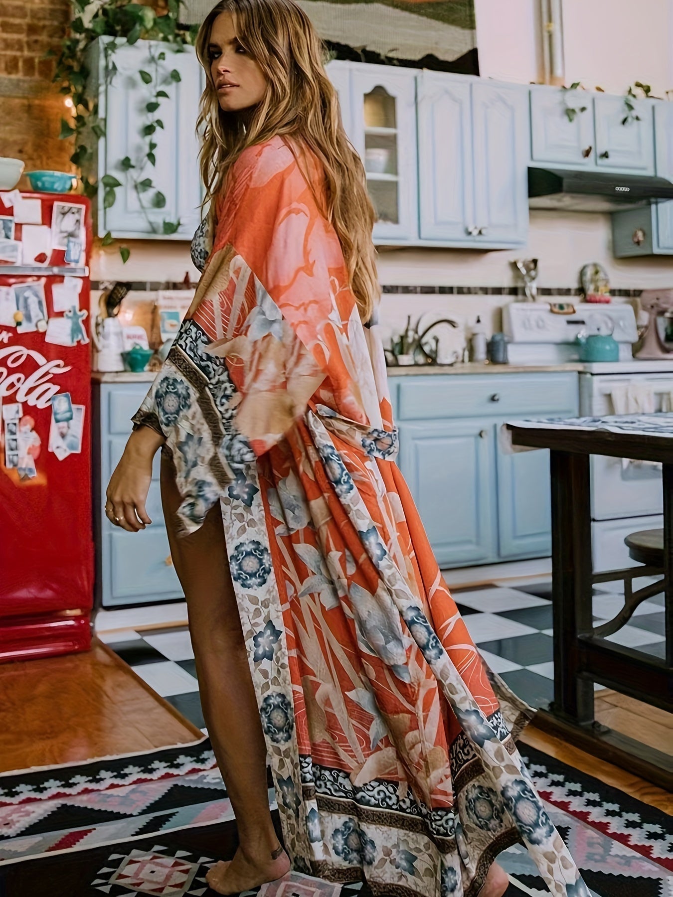 Floral Print Kimono for Women | Zarelle Red Orange One Size