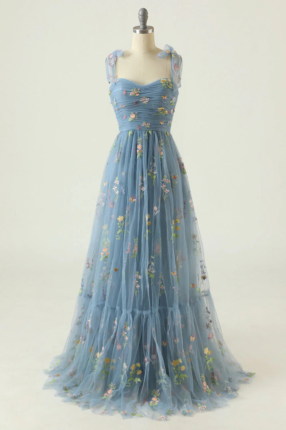 Floral Embroidered Tulle Maxi Dress for Women | Aurora Sky Blue Long