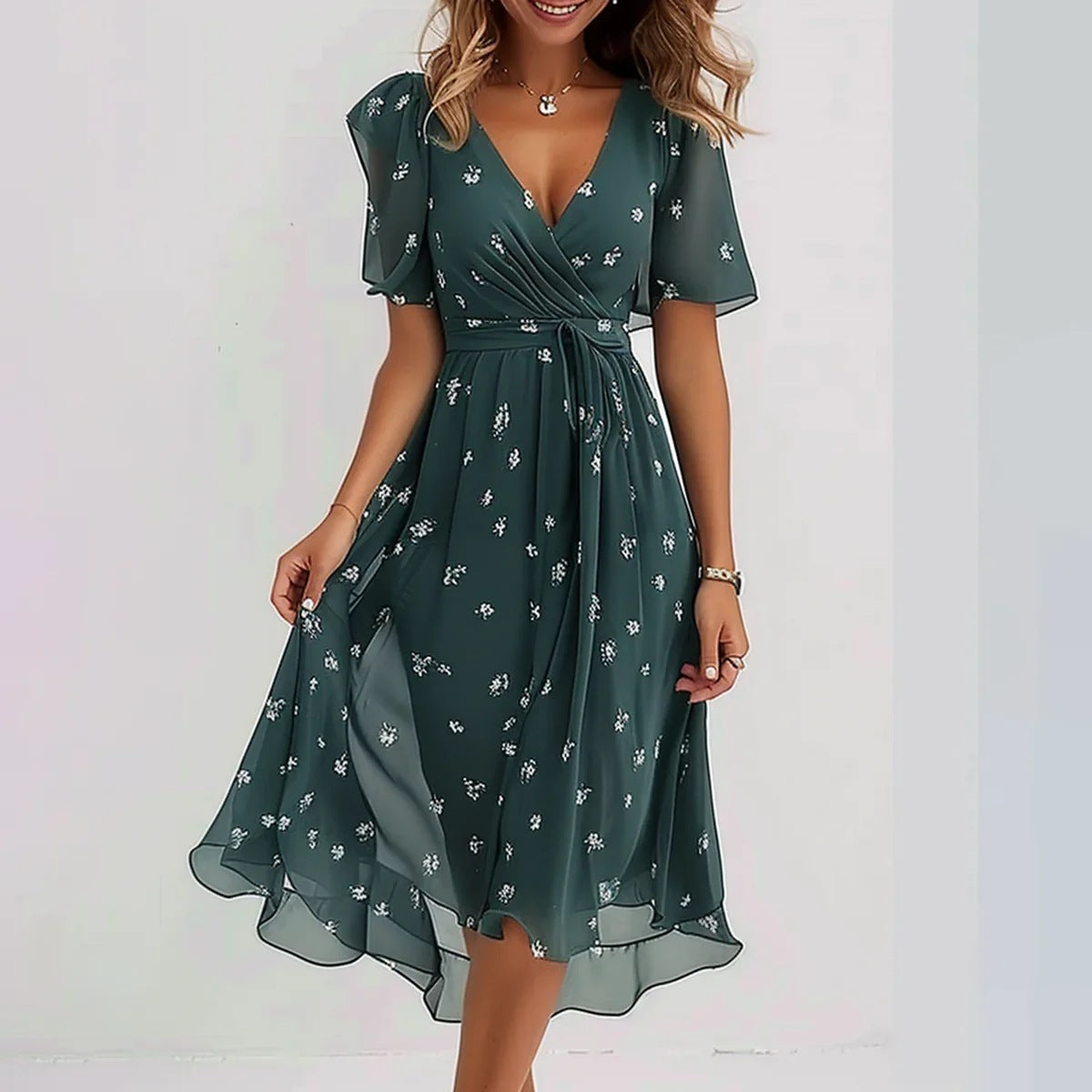 Floral Midi Dress Stylish Design For Women | Lirena Green