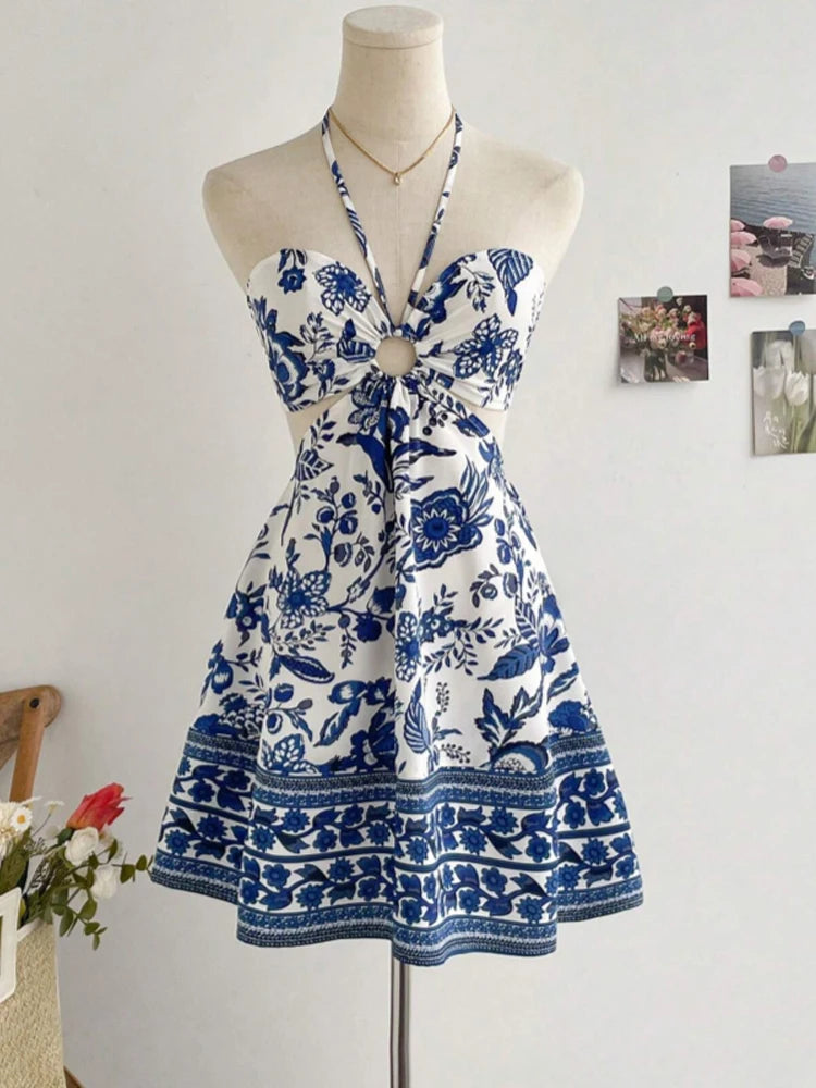 Floral Print Halter Dress For Women | Zafira Blue