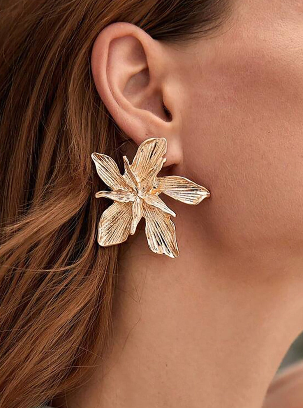 Floral Sculpted Oversized Earrings for Women | Aurelia Gold Tone