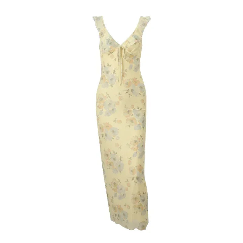 Flower Print Maxi Dress For Women | Liora Yellow