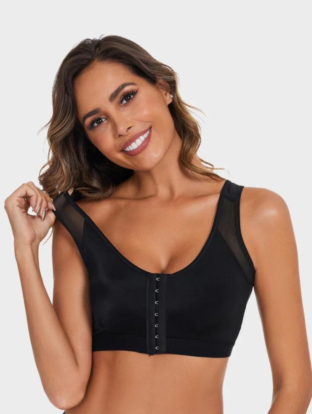 Front Closure Support Bra with Mesh Straps for Women | Celina Black