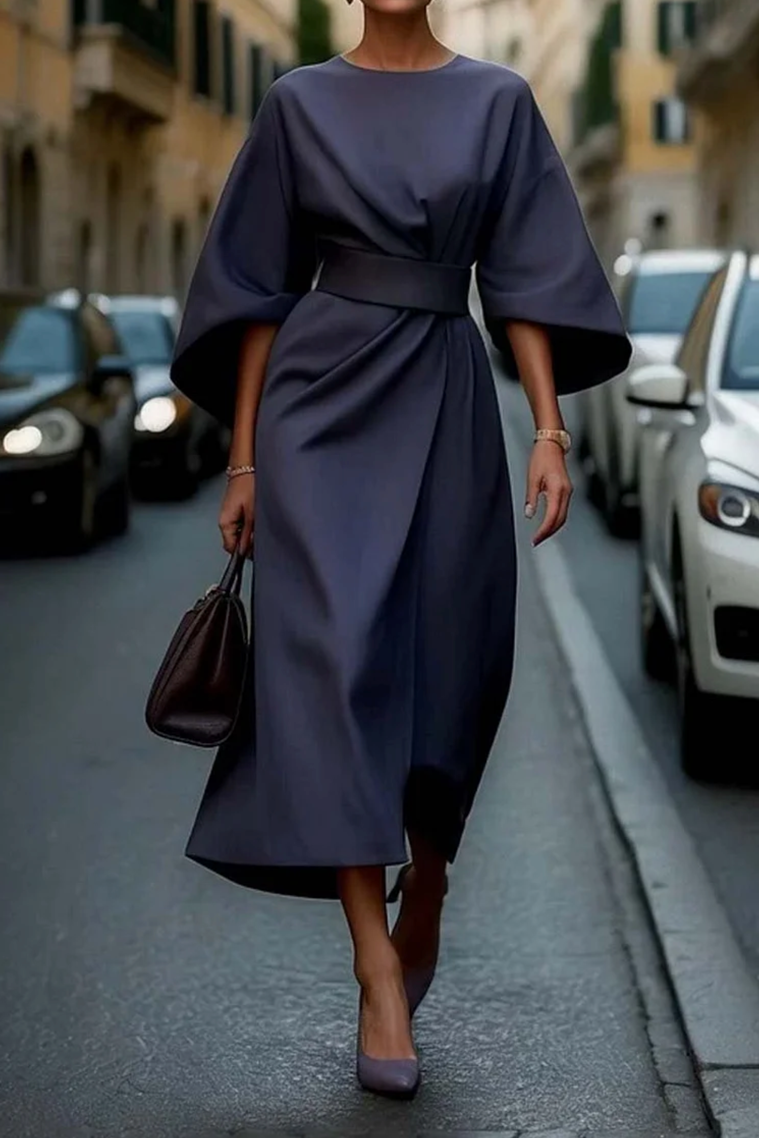 Belted Maxi Dress Elegant Fit for Women | Gabriela Navy Blue