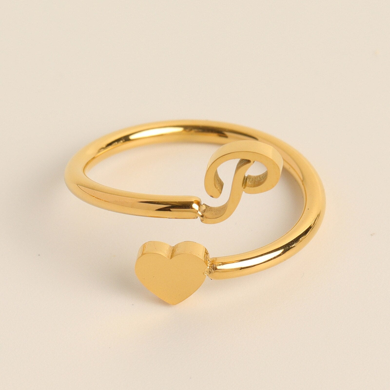 Gold Adjustable Heart & Personalized Initial Ring for Women | Paula P One size