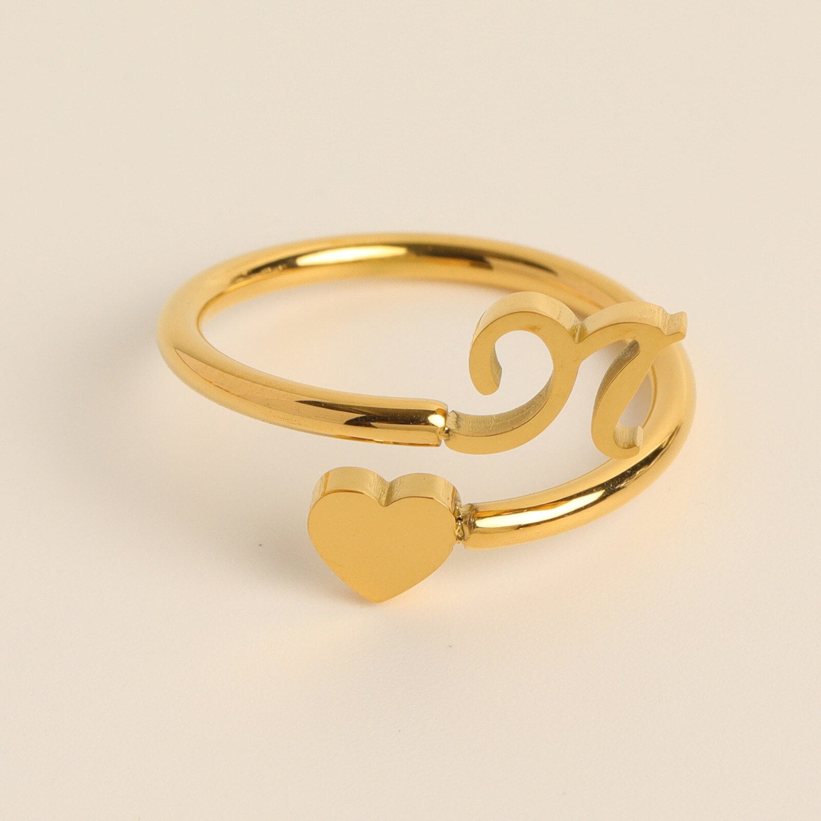 Gold Adjustable Heart & Personalized Initial Ring for Women | Paula N One size